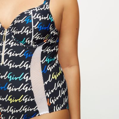 Plus navy blue mesh girl print swim suit